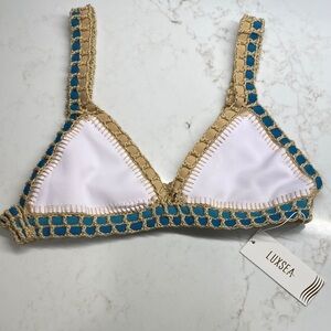 Luxsea Women's Crochet Bikini Top - White, Tan, and Blue